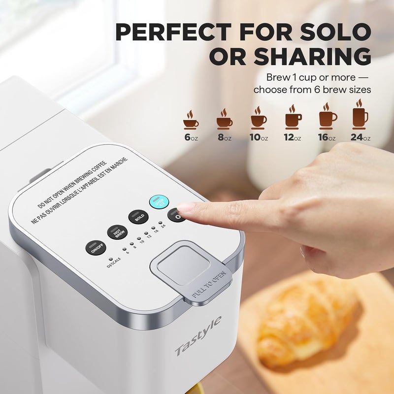 Tastyle Single Serve Coffee Maker, Iced and Hot Coffee Machine for K Cup & Grounds, Compact Design, 40oz Removable Water Reservoir, 6 to 24 Oz Brew Sizes, Fits 7.3" Travel Mug, White - Image 5